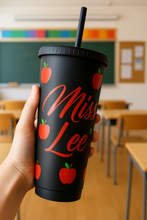 Load image into Gallery viewer, Personalised 24oz Black Cold Cup β Apple Design Tumbler β Custom Red Name β Teacher Gift β Reusable Iced Coffee Cup β Back to School