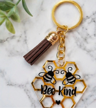 Load image into Gallery viewer, Bee Kind Honeycomb Keyring – Positive Gift | Acrylic Bee Keychain