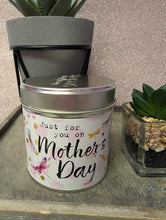 Load image into Gallery viewer, Metal tin with 'Just for you on Mother's Day' text, placed on a surface with decorative elements.
