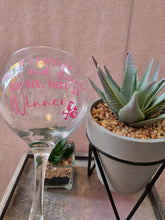 Load image into Gallery viewer, Giant wine glass / gin glass with saying "if i combine wine and dinner the new word is winner