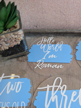 Load image into Gallery viewer, Baby Milestone Discs – Personalised Acrylic Set | Hello World + 1-12 Months | Custom Colours | New Baby Gift
