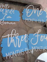 Load image into Gallery viewer, Baby Milestone Discs – Personalised Acrylic Set | Hello World + 1-12 Months | Custom Colours | New Baby Gift

