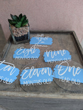 Load image into Gallery viewer, Baby Milestone Discs – Personalised Acrylic Set | Hello World + 1-12 Months | Custom Colours | New Baby Gift
