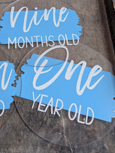Load image into Gallery viewer, Baby Milestone Discs – Personalised Acrylic Set | Hello World + 1-12 Months | Custom Colours | New Baby Gift
