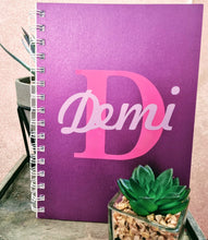 Load image into Gallery viewer, personalized a5 notebook. name and initial, silver purple or pink available - back to school, student gift, gifts for him, gifts for her
