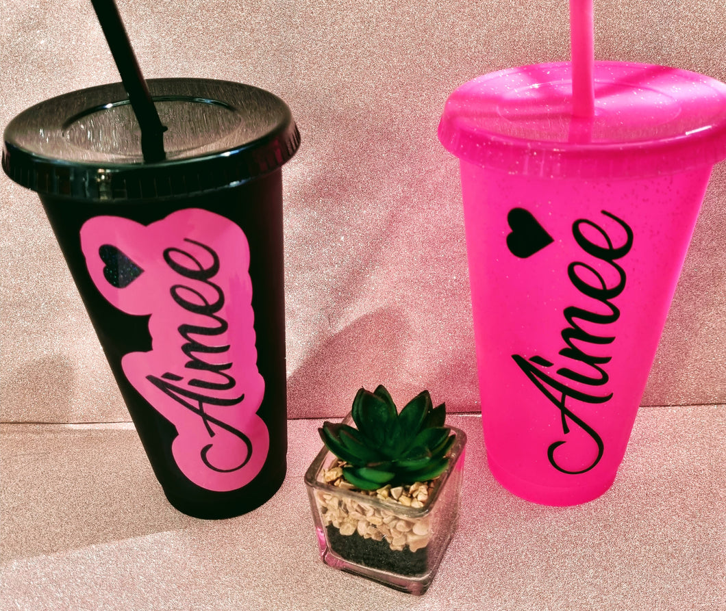 personalized 24oz cold cup. Matte black, frosted white, or glittery hot pink cups available. gifts for her, gifts for him. gift idea