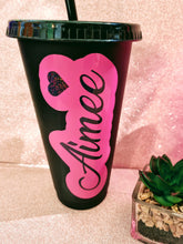 Load image into Gallery viewer, personalized 24oz cold cup. Matte black, frosted white, or glittery hot pink cups available. gifts for her, gifts for him. gift idea
