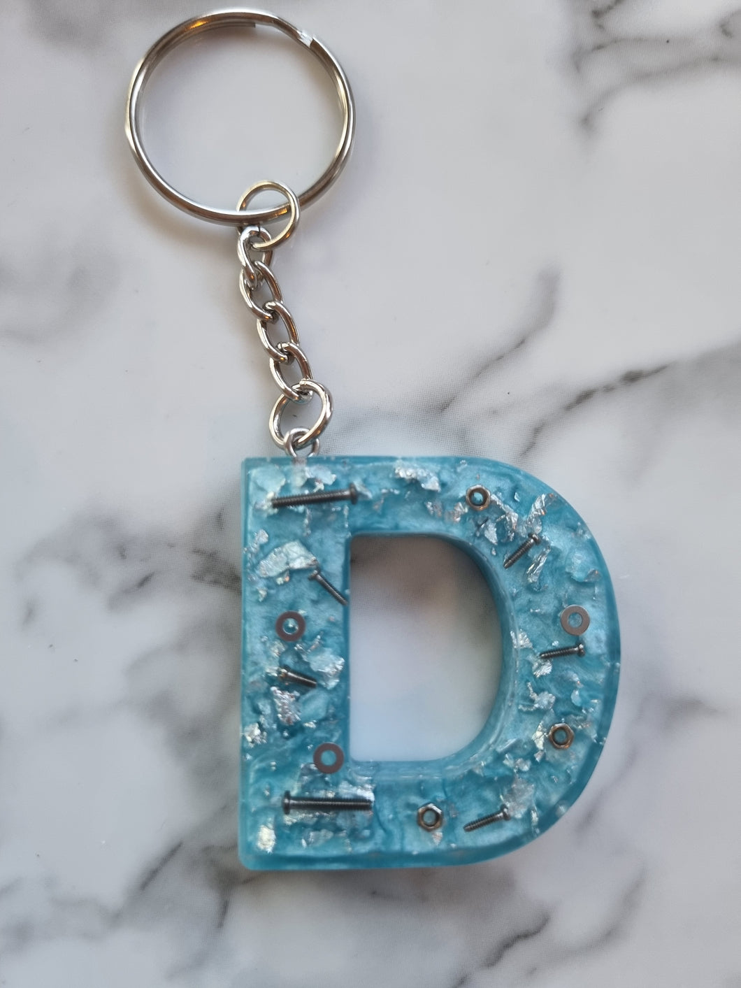 Resin letter keyring with mini screws and bolts