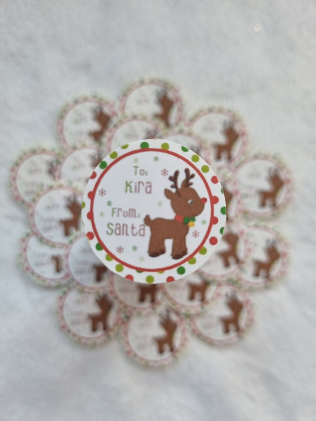 Personalized To/From Stickers - Reindeer Design with Green and Red Polka Dot Border