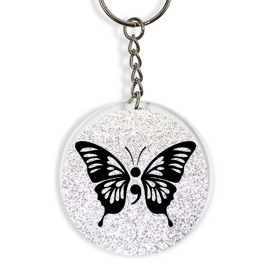 Semi colon butterfly glitter keyring - mental heath awareness