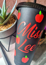 Load image into Gallery viewer, Personalised 24oz Black Cold Cup – Apple Design Tumbler – Custom Red Name – Teacher Gift – Reusable Iced Coffee Cup – Back to School
